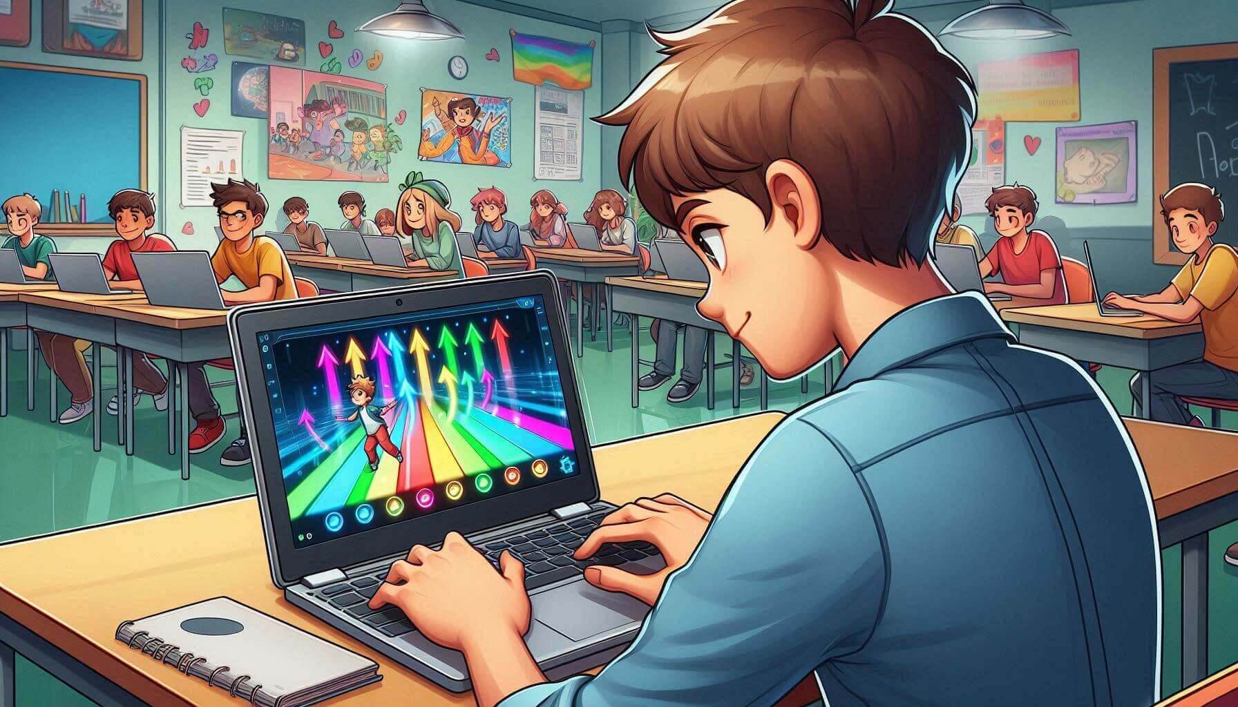 Student playing FNF mods on a school Chromebook laptop