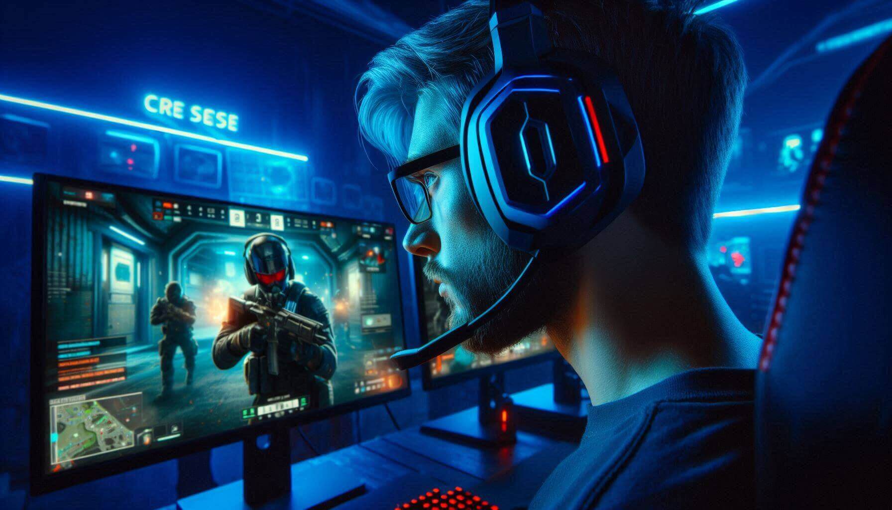 Gamer focusing on FPS game with gaming headset